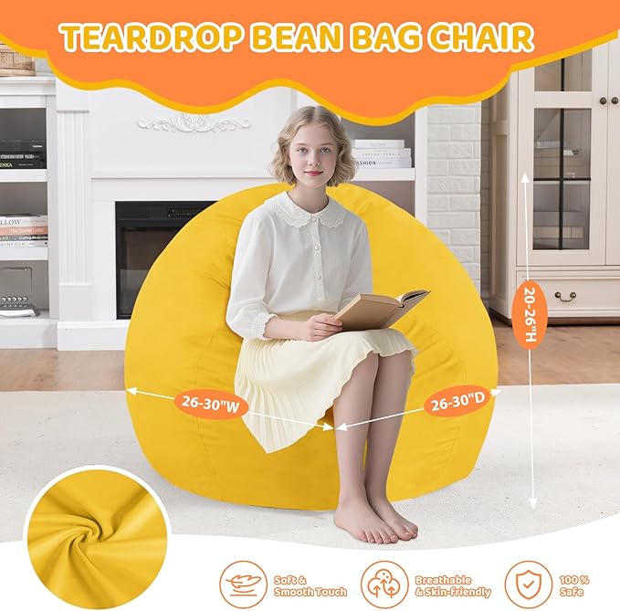 2FT Bean Bag Chair, Comfy Bean Bag Chairs with Memory Foam Filled, Fluffy Beanbag Sofa with Dutch Velvet Cover, Teardrop BeanBag Chairs for Living Room, Playroom - Lemon-CubbioJoy