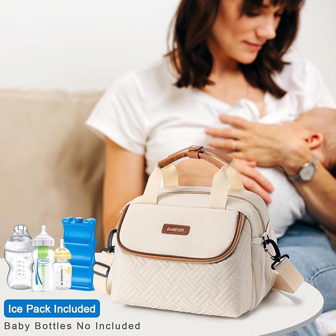 Breastmilk Cooler Bag with Ice Pack Fits 6 Baby Bottles up to 9 Ounce, Wearable Breast Pumps Cooler Bag for Nursing Mom Daycare, Work, Travel- Cream-CubbioJoy