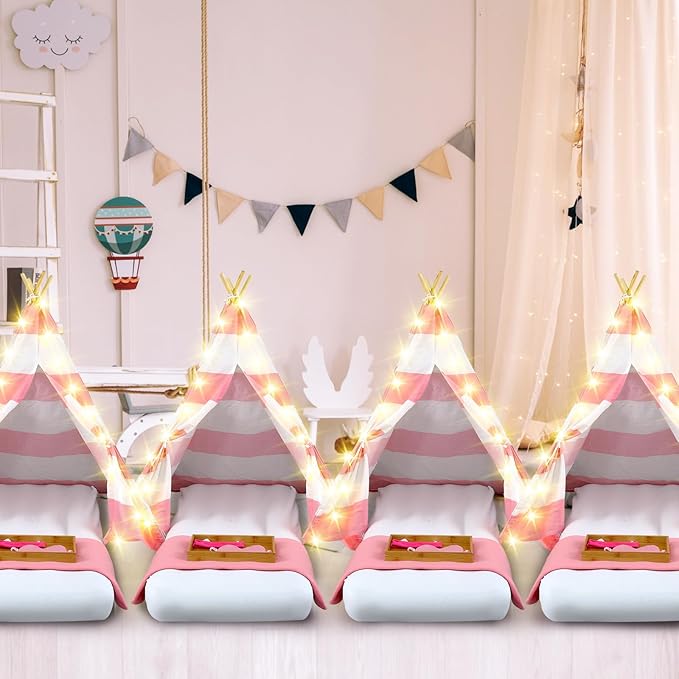 6 Pack Sleepovers Teepee Tent for Kids Bulk with Mattress Sheet Light,Natural Cotton Washable Indoor Play Tent for Birthday Slumber Party Girls Boys Pajama Movie Night Supplies(Pink, White)-CubbioJoy