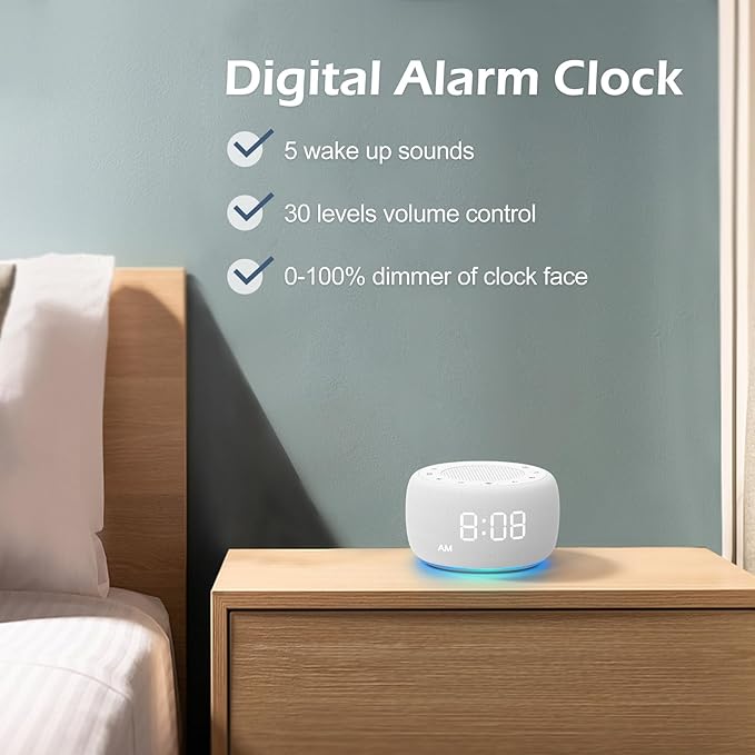 Buffbee Sound Machine & Alarm Clock 2-in-1, 0-100% Clock Face Brightness, Bottom Colored Light, Sleep Timer, Precise 30-Level Volume Control White Noise Machine - White-CubbioJoy