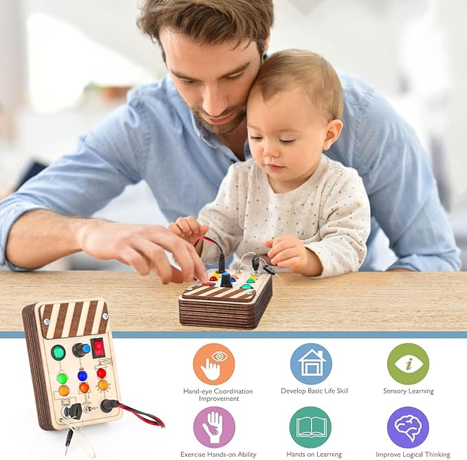 Joyreal Wooden Montessori Busy Board, Toddler Sensory Toys, LED Light Switch, Travel Toys for 2+ Year Old Boy-CubbioJoy