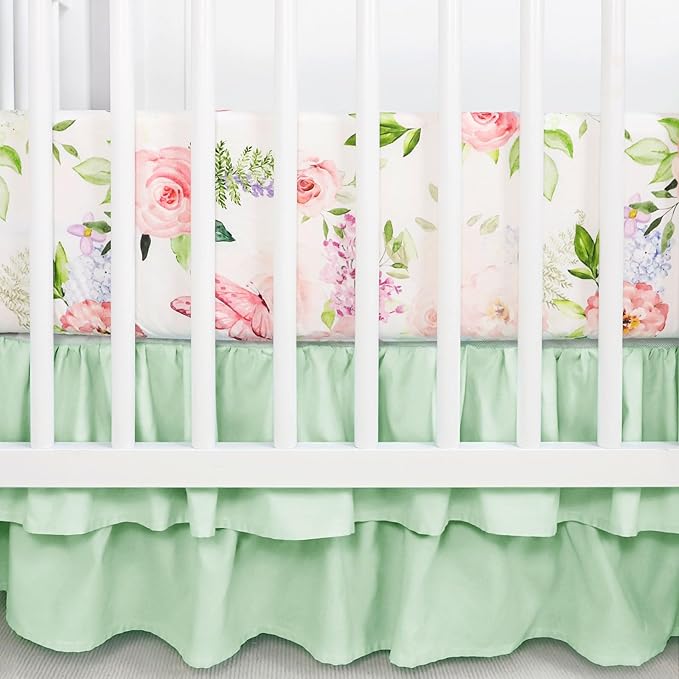 4-Piece Crib Bedding Set, Baby Girl Crib Bedding Set Butterflies Floral Nursery Bedding Set Includes Comforter, Fitted Crib Sheet, Crib Skirt, and Diaper Stacker, Green & Pink-CubbioJoy