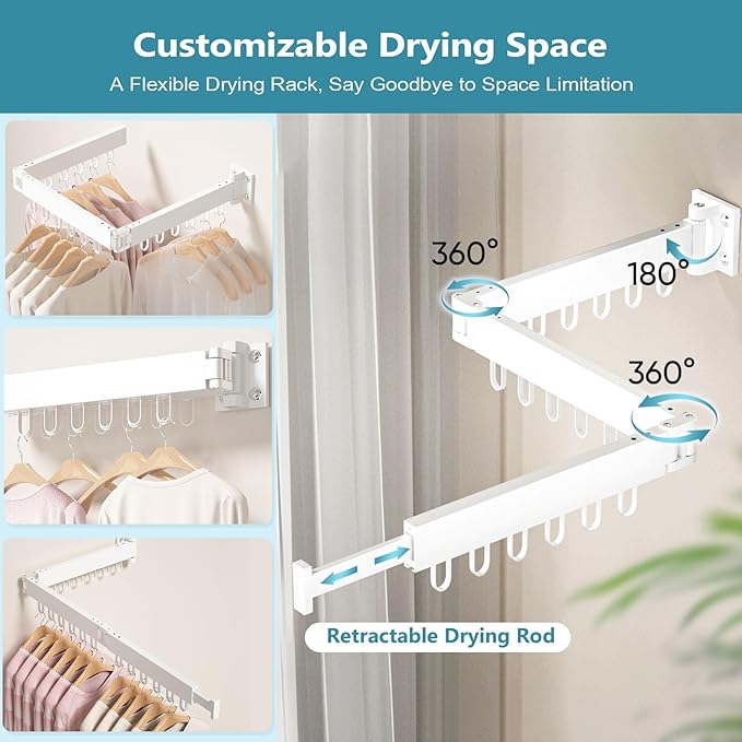 JAUREE Clothes Drying Rack Wall Mounted, Laundry Drying Rack Collapsible, Space Saving Wall Drying Rack Clothing Foldable, Tri-Fold Retractable Rack Outdoor Indoor with 18 Hooks, White-CubbioJoy