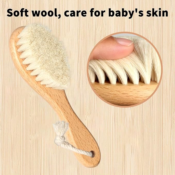 Baby Hair Brush and Comb Set, Wooden Natural Goat Bristles Hairbrush+Comb+ White Cradle Cap Brush Grooming Kit for Newborns Toddlers Boys Girls (Pack of 3)-CubbioJoy