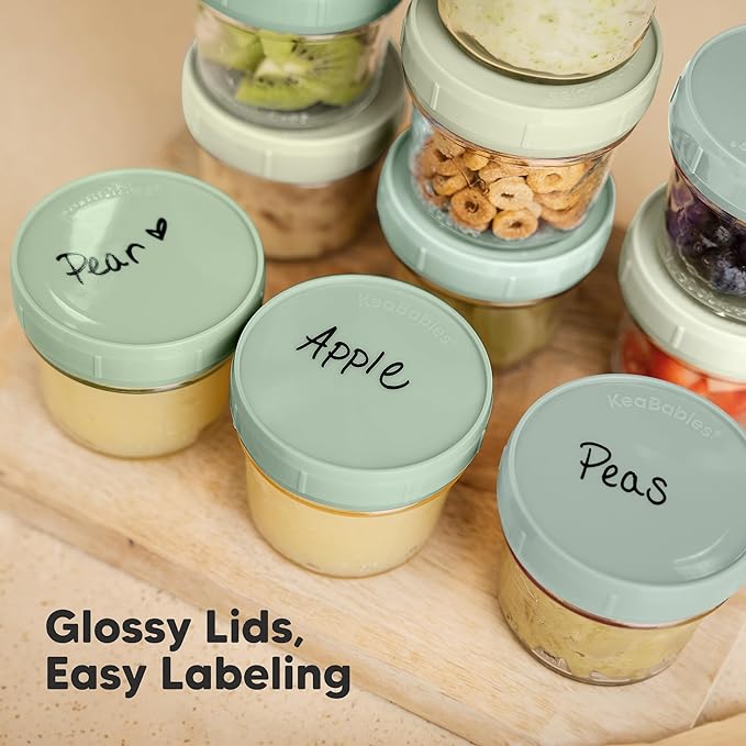 KeaBabies 12pk 4oz Glass Baby Food Containers with Lids - Leak-Proof, Microwavable Small Glass Jars, Baby Purees & Toddler Snack Storage Containers, BPA-Free, Dishwasher & Freezer Safe (Sage)-CubbioJoy