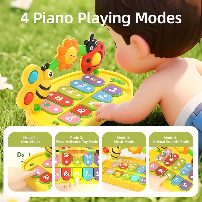 Baby Piano Toy for Kids 0-6-12-18 Months, Light Up Baby Keyboard Musical Toy with Press Pop Bubbles, 4 Modes Toddler Piano for Boys Girls Ages 1-3, Detachable & Portable Infant Toy Gift-CubbioJoy