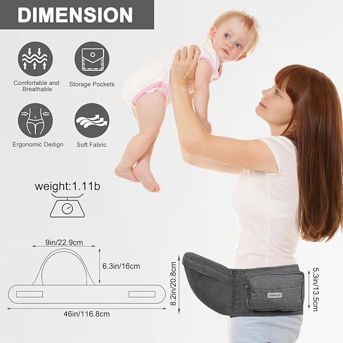 Baby Hip Carrier, Baby Carrier with Adjustable Waistband & Breathable Mesh, Ergonomic Carrier with Non-Slip Hip Seat Surface for Newborns & Toddlers, Grey-CubbioJoy