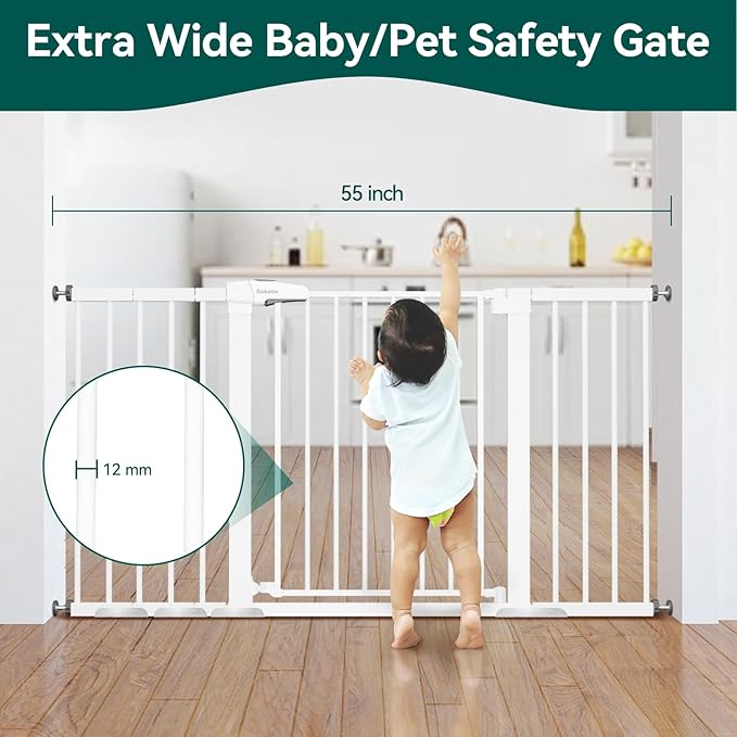 BABELIO 29-55 Inch Extra Wide Baby/Dog Gate, Metal Auto Close, Pressure Mounted Pet Door for Doorways, NO Need Tools and Drilling, with Wall Cups, White-CubbioJoy