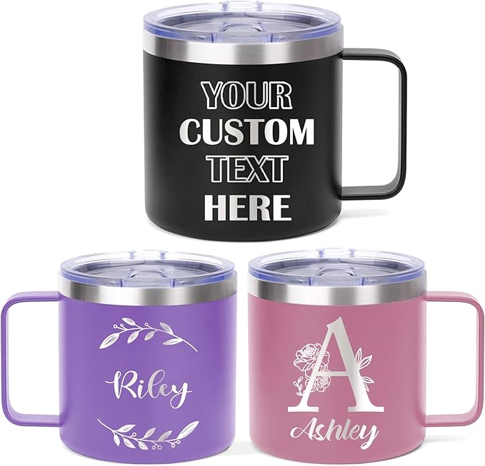 Custom Insulated Coffee Tumbler, Personalized Travel Coffee Mug with Handle and Lid, 14oz Engraved Stainless Steel Coffee Mug, Personalized Gifts for Women Men and Friends-CubbioJoy
