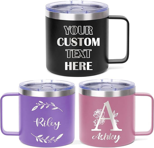 Custom Insulated Coffee Tumbler, Personalized Travel Coffee Mug with Handle and Lid, 14oz Engraved Stainless Steel Coffee Mug, Personalized Gifts for Women Men and Friends-CubbioJoy