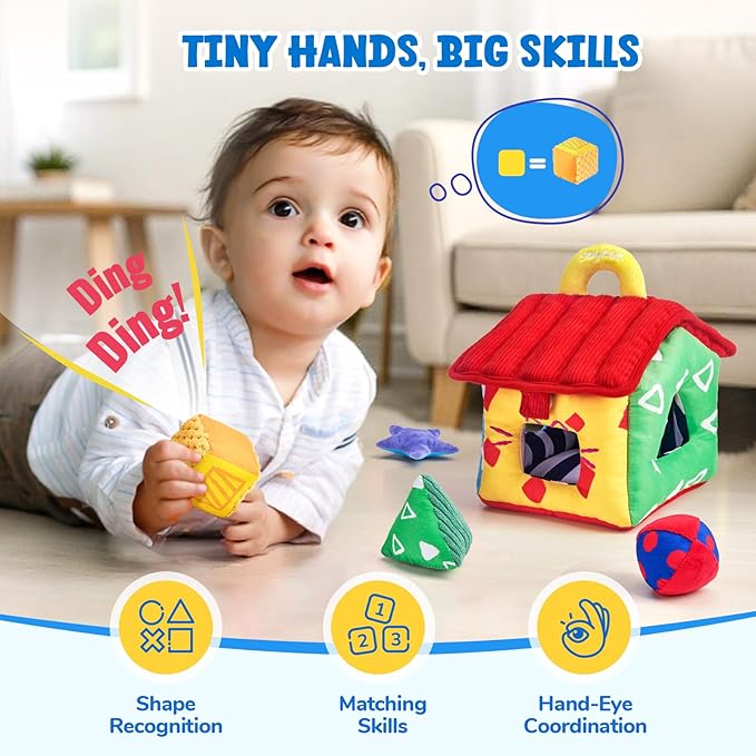 JoyCat Infant Toys 6-12 Months, Soft Sensory Toy with 4 Fabric Shapes, Baby Learning Shape Sorter for 3 4 5 6 7 8 9 10 11 12-18 Months, Baby Shower Birthday Gift Boy Girl-CubbioJoy