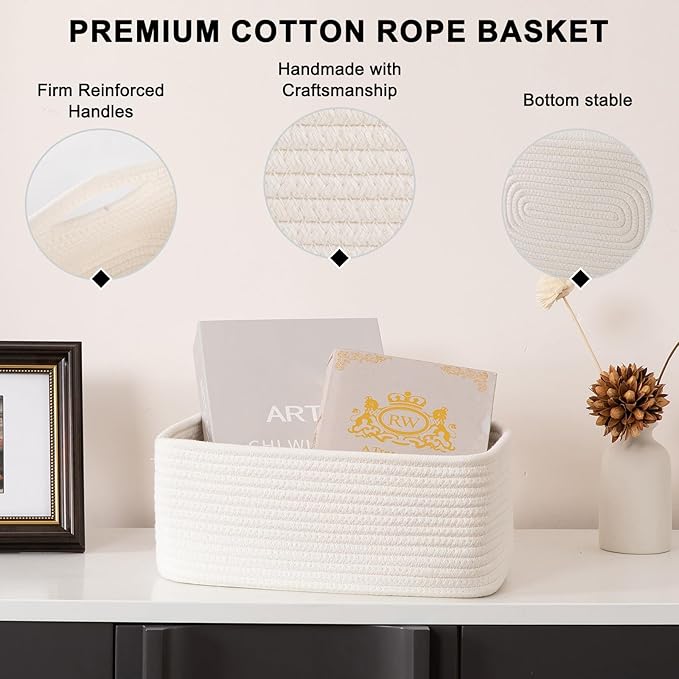 4 Pack Small Storage Shelf Baskets for Organizing, Mini Woven Rope Storage Bins for Towels, Cute Decorative Closet Organizer，Baby Nursery, Gift Empty Baskets -13''Lx8.66''Wx5.11''H-White-CubbioJoy