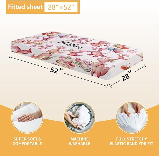 Custom Baby Crib Bedding Set - 5 Pcs Personalized Name Pink Dinosaurs Crib Set for Infants Toddlers Girls - Soft Double Layer Nursery Bedding Set - Customized Present for Birthday Baby Shower-CubbioJoy