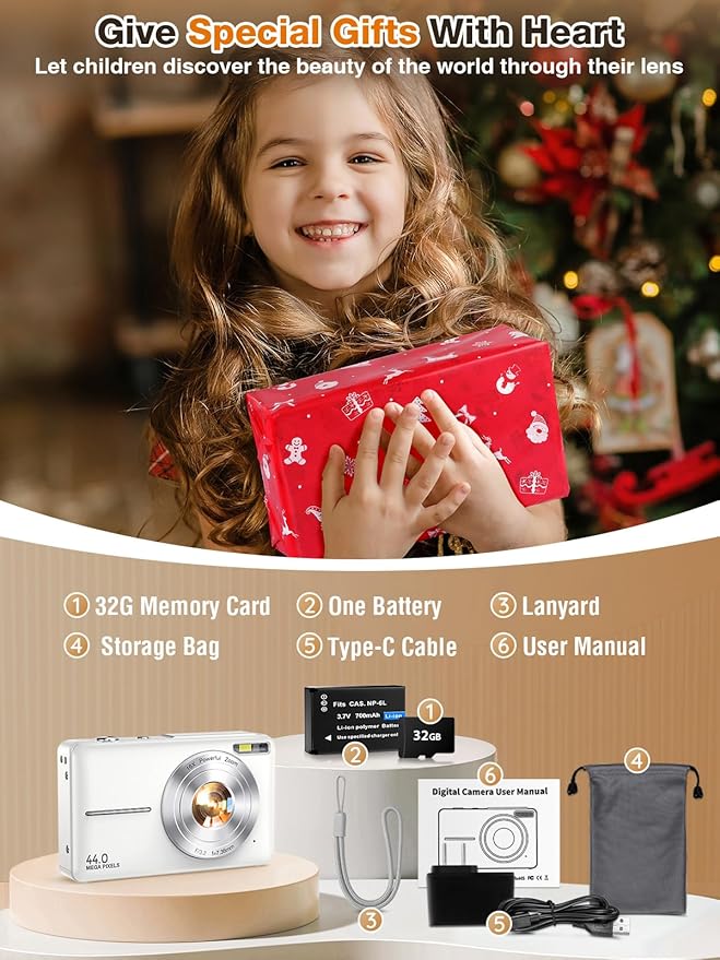 Digital Camera,FHD 1080P Kids Camera 44MP Point and Shoot Digital Cameras with 32GB Card,16X Zoom,Anti-Shake,Date Stamp,Compact Small Cameras Photography for Kids Student Teen Girl Boy(White)-CubbioJoy