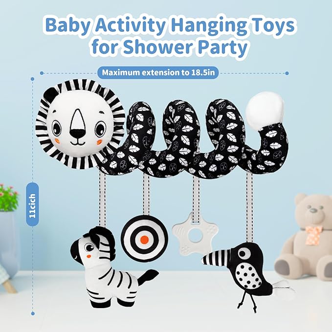 Car Seat Toys for Babies 0-6 Months,Hanging Rattle Toys for Crib Mobile, Baby Spiral Hanging Stroller Black and White High Contrast Toys for Newborn 0 3 6 9 12 Months Baby Boys Girls (Lion)-CubbioJoy
