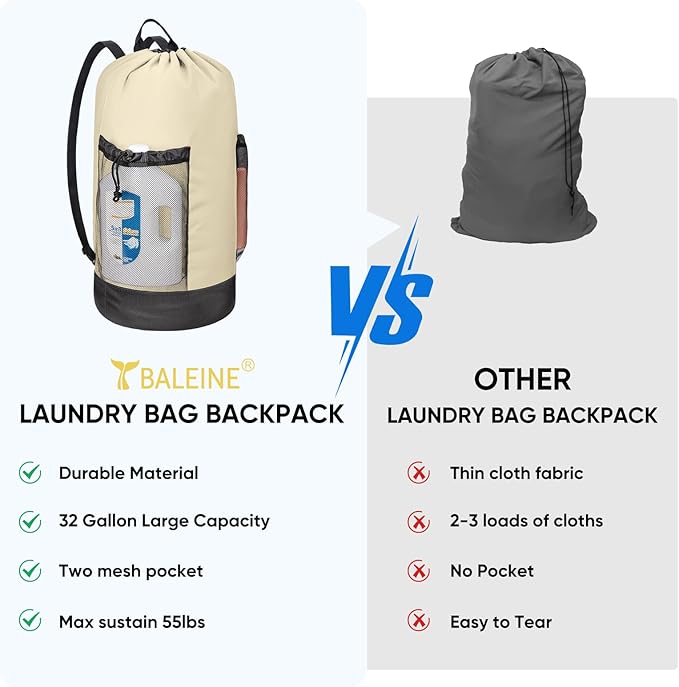 BALEINE 150L Laundry Bag Backpack, 900D Oxford Fabric Large Travel Laundry Bags with Shoulder Straps and 2 Mesh Pockets for College Dorm, Apartment, Laundromat (Beige, 150L)-CubbioJoy