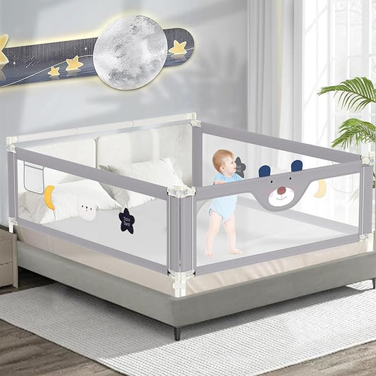 3-Piece Bed Rail for Toddlers with Headboard Rod, Adjustable Baby Bed Rail Guard (78.7 * 78.7 * 59 Inch-Queen Size)-CubbioJoy