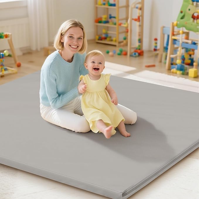 Baby Play Mat 47x47 Inches, Extra Thick 1.2" Foam Floor Mat for Tummy Time & Crawling, Waterproof Non-Slip Faux Leather Playpen Mat for Infants Toddlers, Indoor Outdoor Gym Activity, Gray-CubbioJoy