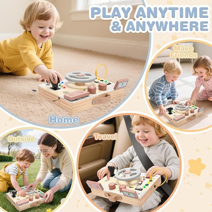 Joyreal Montessori Toddler Busy Board - Montessori Toys for 1 2 3 Years Old, Wooden Sensory Board with LED Lights, Steering Wheel, Music Player, Travel Toys for 1+ Year Old Boy & Girl Birthday Gift-CubbioJoy