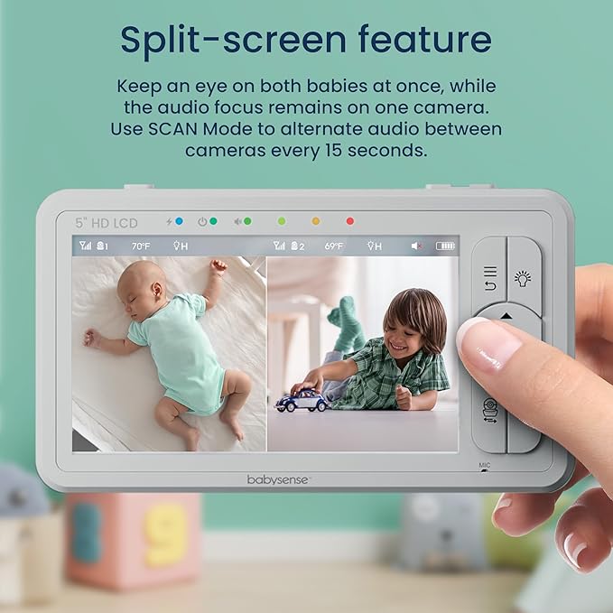 Babysense 5" HD Split-Screen Baby Monitor, Video Baby Monitor with 2 Cameras and Audio, Night Light, 1000ft Range, Two-Way Audio, 4X Zoom, Night Vision, 4000mAh Battery-CubbioJoy