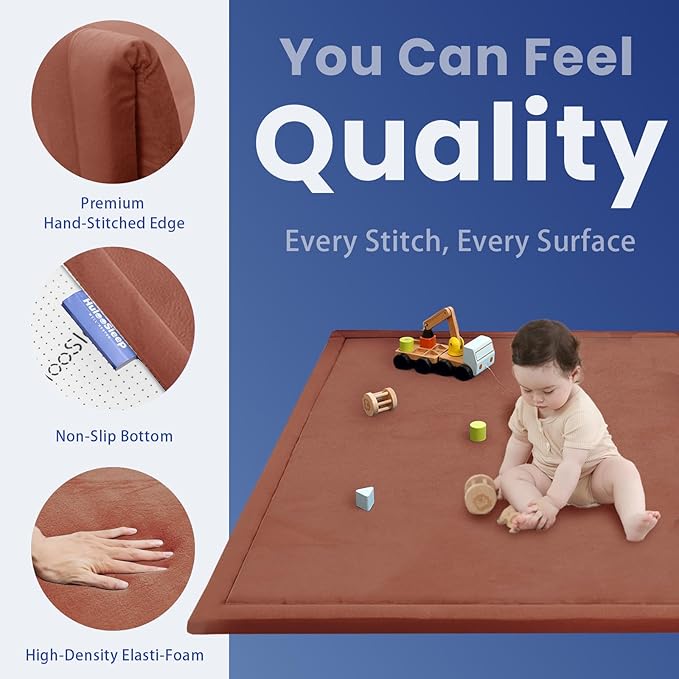 Baby Play Mat for Floor,1.3" Thick Memory foam Tummy Time Mat,Water Repellent Soft Coral Velvet Nursery Rug,Extra Large Non Slip for Crawling,Toddlers,Infants,kids,Tatami Style for Living Room(Brick)-CubbioJoy