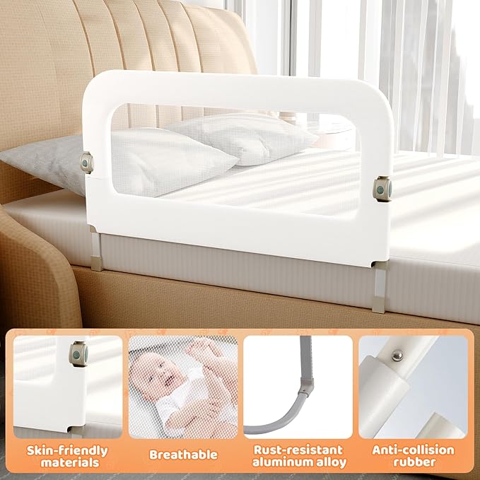 Bed Guard Rail for Toddlers - 32inch Folding up & Adjustable Heights Baby Bed Safety Rails - Portable Toddler Bed Barrier Railing Guard for Kids Twin, Bunk, Queen, Full Size Bed-CubbioJoy