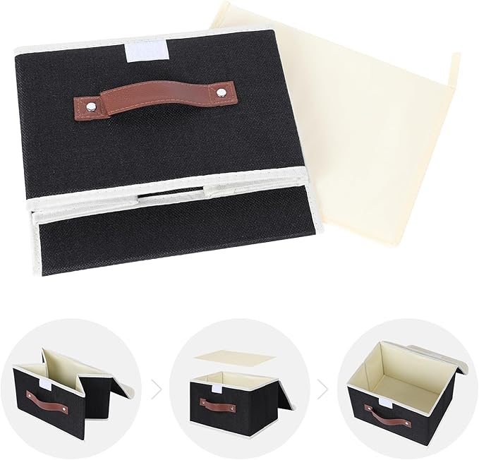 ANMINY 2PCS Storage Bins with Lid PU Leather Handles Storage Boxes PP Plastic Board Decorative Foldable Lidded Cotton Linen Fabric Home Cubes Baskets Closet Organizer Containers - Black, Small Size-CubbioJoy