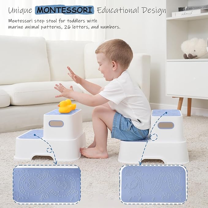Blue Toddler Step Stool for Bathroom Sink, 2 Step Stool for Kids Kitchen Sink, Heavy Duty Stepping Stool for Toddlers Toilet Potty Training (2 Pack, White-Blue)-CubbioJoy