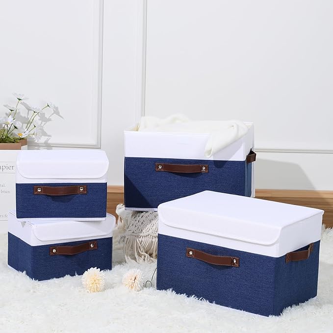 ANMINY 2PCS Storage Boxes with Lid Washable Decorative Storage Bin Basket with PU Leather Handle Foldable Linen Fabric Storage Cube Container for Home Closet Organizer - Deep Blue White, Large Size-CubbioJoy