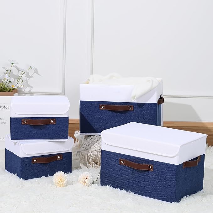 ANMINY 2PCS Storage Boxes with Lid Washable Decorative Storage Bin Basket with PU Leather Handle Foldable Linen Fabric Storage Cube Container for Home Closet Organizer - Deep Blue White, Small Size-CubbioJoy