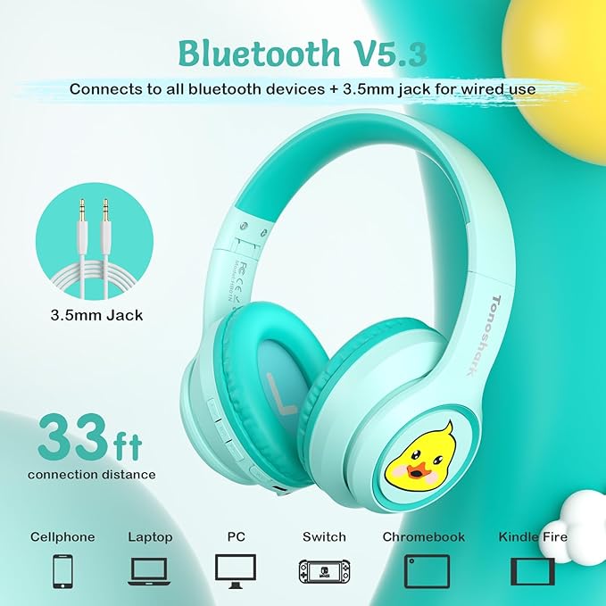 Active Noise Cancelling Kids Headphones, 60H Playtime, Wireless Bluetooth Over-Ear Headset, Built-in Microphone for Home/School/Travel/Party - Includes Portable Case-CubbioJoy