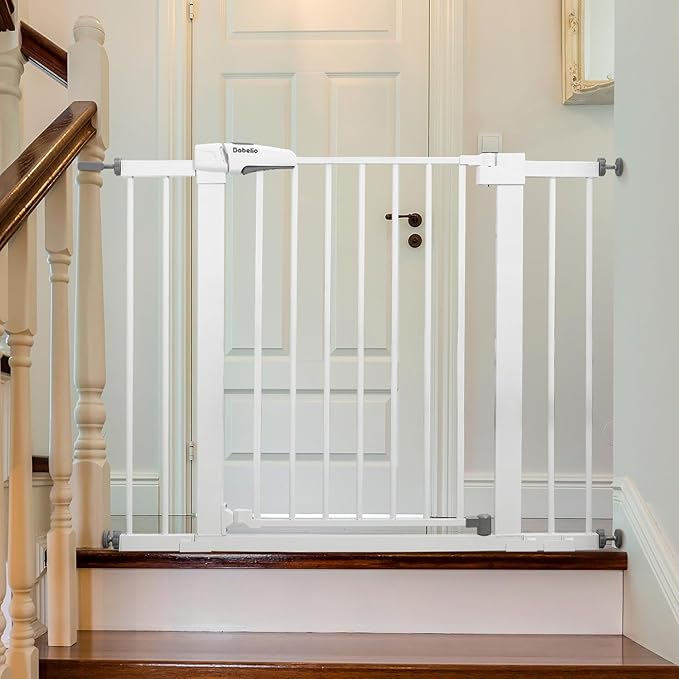 Babelio Metal Baby Gate, 29-43" Auto Close Easy Install Pet Gate, Extra Wide Walk Thru Child Safety Gate, 30" Tall Pressure Mounted Dog Gate for Doorways & Stairs, White-CubbioJoy