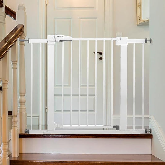 Babelio Metal Baby Gate, 29-43" Auto Close Easy Install Pet Gate, Extra Wide Walk Thru Child Safety Gate, 30" Tall Pressure Mounted Dog Gate for Doorways & Stairs, White-CubbioJoy