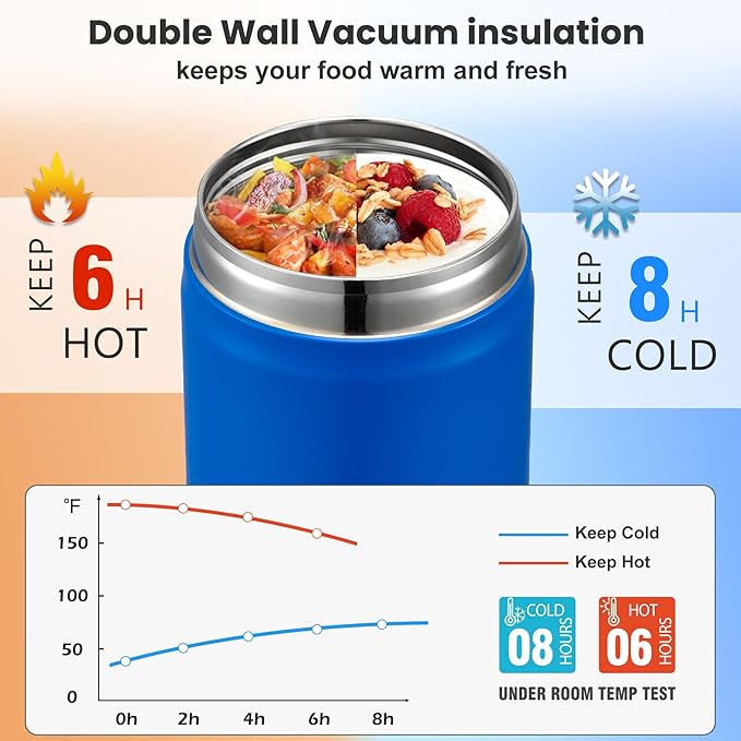 17oz Soup Thermo for Hot Food Kids,Insulated Food Jar with Spoon,Thermo Hot Food Lunch Container,Wide Mouth Leakproof Stainless Steel Lunch Box for School(Blue)-CubbioJoy