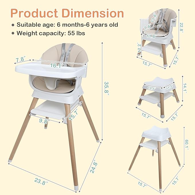 9 in 1 Convertible Baby High Chair with Booster, Wooden Highchair for Babies and Toddlers with Adjustable Tray & 5-Point Harness, Multi-Functional Growing Seat for Feeding, Learning & Play, Beige-CubbioJoy