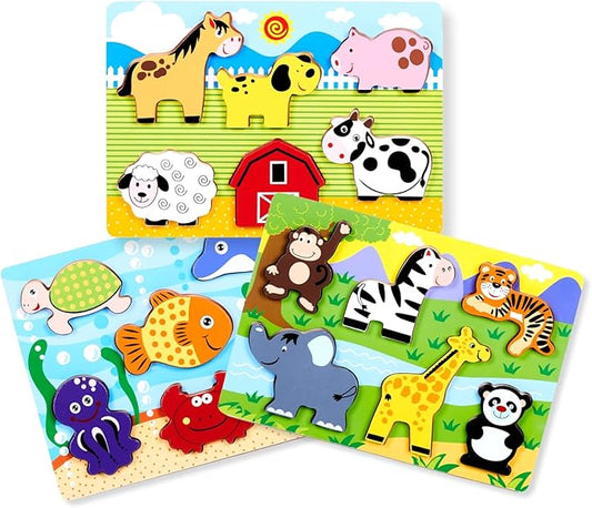Chunky Puzzles for Toddlers 1-3, Farm, Sea, Zoo Animals Wooden Puzzles, Preschool Early Learning Toy Gift for Kids Ages 1 2 3 Year Old-CubbioJoy