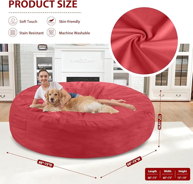 7FT Bean Bag Chair, Large Bean Bag Chairs with Memory Foam Filled, Fluffy Beanbag Sofa with Dutch Velvet Cover, Round BeanBag Chairs for Living Room, Playroom - Red-CubbioJoy