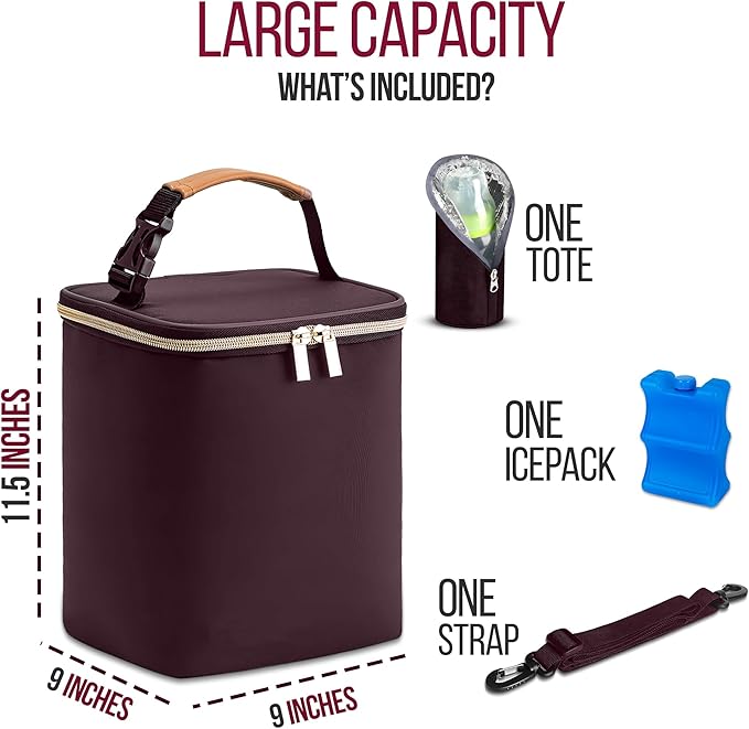 BreastMilk Cooler with Ice Packs and Tote Bags for Nursing, Large Capacity, Waterproof, Fits 9 Baby Bottles Up to 11 oz, Dark Brown-CubbioJoy