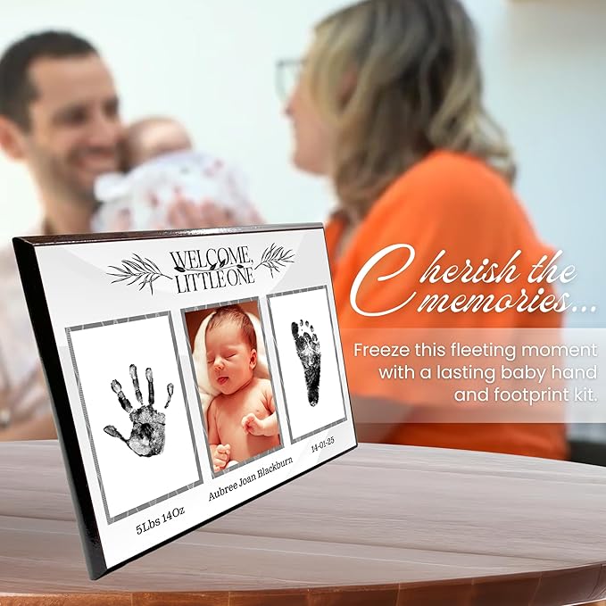 Baby Hand and Footprint Kit with Photo & Birth Details, Inkless Hand and Footprint Kit, Newborn Keepsake Plaque, Baby Shower Gifts (STYLE 1 (Fully Personalized) (Welcome Little One))-CubbioJoy
