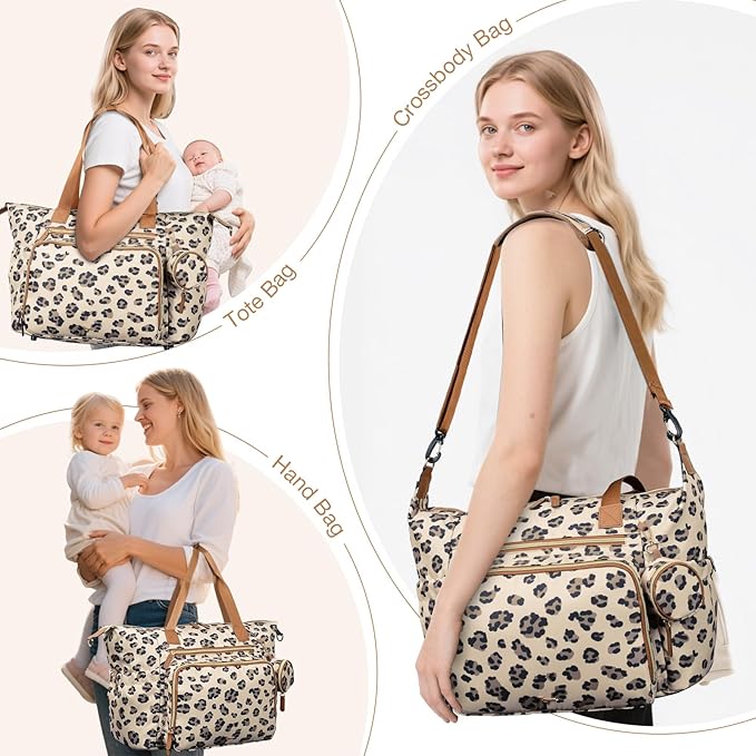 Diaper Bag Tote, Large Baby Diaper Bags for Travel, Hospital Bag for Labor Delivery with Pacifier Case, Changing Pad, Shoulder Strap, Leopard Print-CubbioJoy