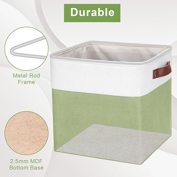 Collapsible Fabric Storage Cubes 11x11 Cube Storage Bins, 4 Pack Closet Baskets Box with Handles for Organizing, Shelf, Toys, Clothes, Home, Office, Nursery (Green&White)-CubbioJoy