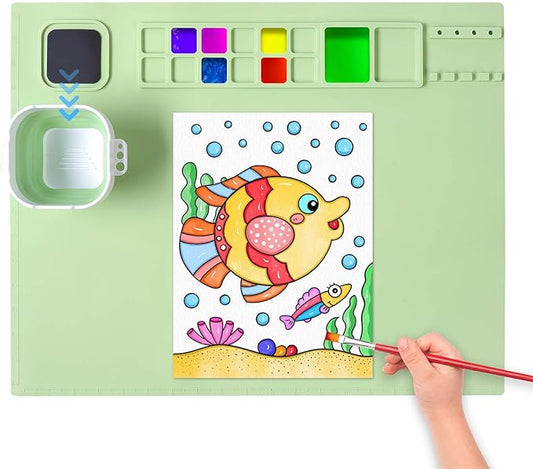 AWOKE Silicone Painting Mat for Table Protection - 20"X16" Washable Art Mat with 1 Water Cup for Kids - Craft Mat has 12 Color Dividers - 2 Paint Palettes (Green), Toddler Activities, Girl Boy Gifts-CubbioJoy