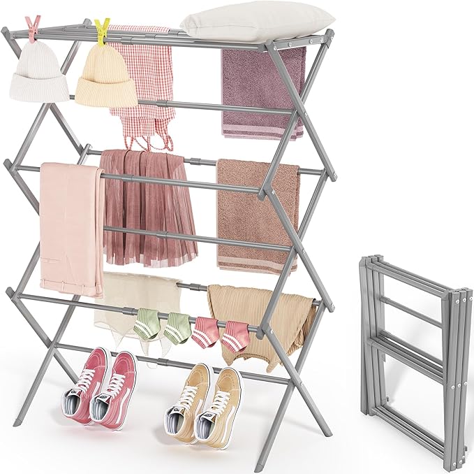 APEXCHASER Clothes Drying Rack, 3-Tier Laundry Drying Rack for Clothes, Expandable Metal Clothing Dryer, Collapsible Towel Rack, Air Drying Rack, Grey-CubbioJoy