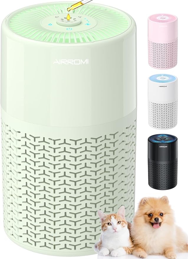 AIRROMI Pets Air Purifier for Home Allergies,Up to 660 ft².Yellow Deodorizing Activated Carbon Filter,With Fragrance Sponge for Better Sleep,Night Light,Pet Dander,Smoke,Odors,Air Cleaner A2002 Green-CubbioJoy