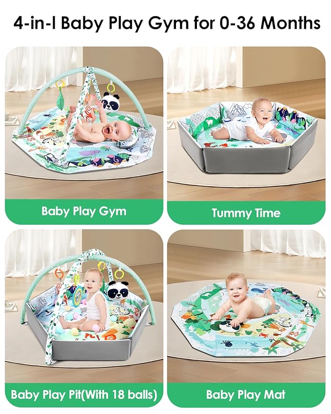 dearlomum 4-in-1 Tummy Time Mat,Baby Activity Play Mat,Newborn Play Baby Mats for Floor with 6 Infant Learning Sensory Baby Toys, Toddler Motor Skill Development,Babies Ball Pit with 18 Ocean Balls-CubbioJoy