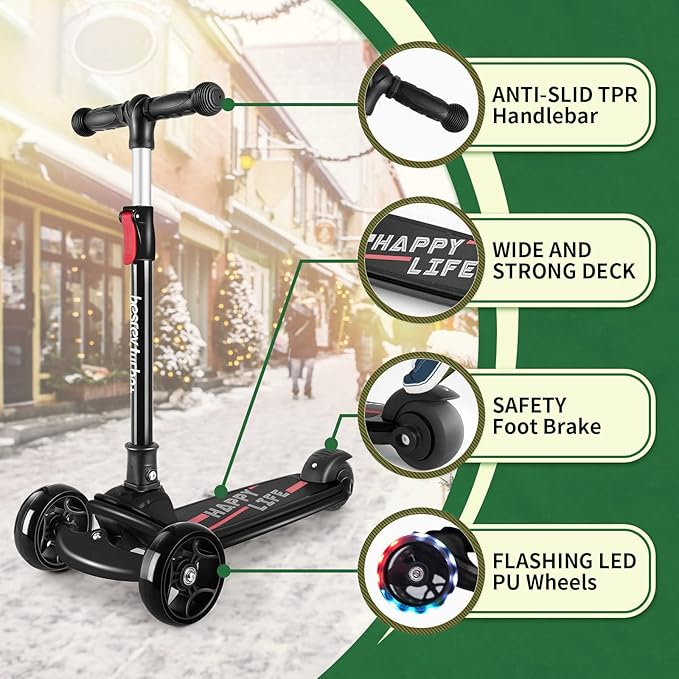 Besrey Kick Scooter for Kids Ages 3-10, 3-Wheel Folding Scooter with Adjustable Height, LED Light Wheels, Extra Wide Deck for Outdoor Activities-CubbioJoy