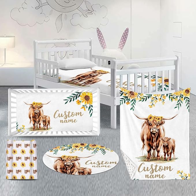 Custom Nursery Crib Bedding Set: Personalized Name 4 Piece Yellow Highland Cattle Design Baby Crib Sets for Girls - Toddler Double Layer Blanket Set, Comfortable Crib Bed Sheets for Baby Toddlers-CubbioJoy