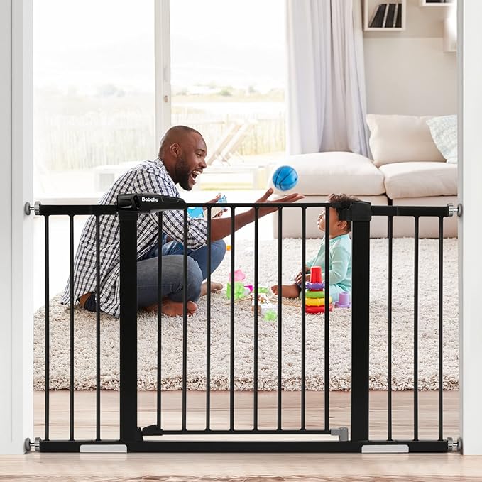 Babelio Metal Baby Gate, 29-48" Auto Close Easy Install Pet Gate, Extra Wide Walk Thru Child Safety Gate, Pressure Mounted Dog Gate for Doorways and Stairs, with Y Spindle Rods, Black-CubbioJoy