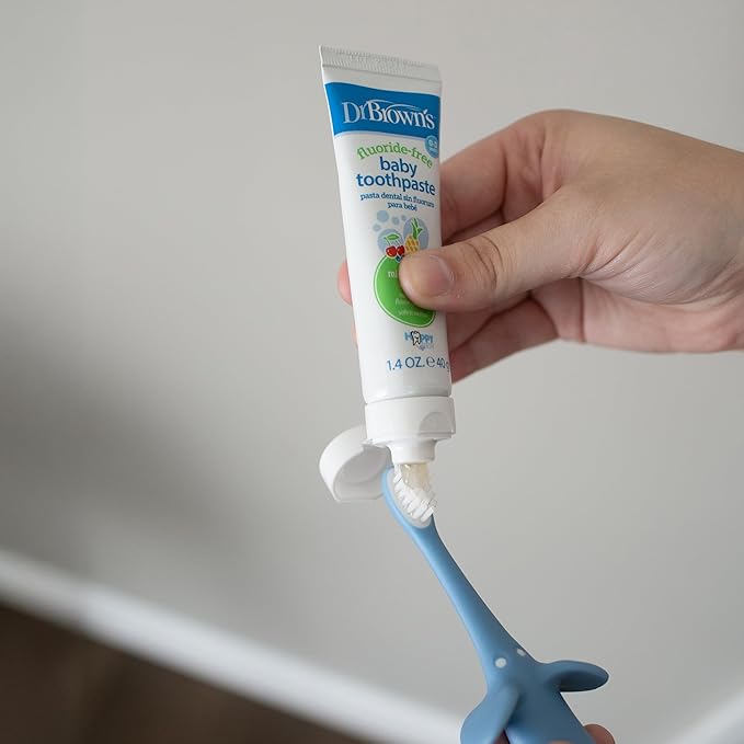 Dr. Brown's Infant-to-Toddler Training Toothbrush Set, Blue Elephant with Fluoride-Free Apple Pear Baby Toothpaste, 0-3 years-CubbioJoy