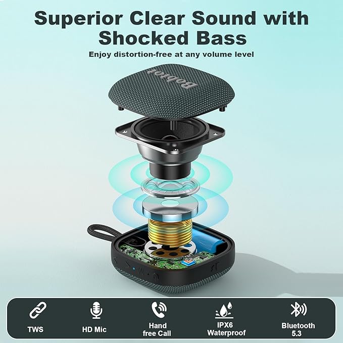 Bobtot Portable Wireless Bluetooth Speaker - IPX7 Waterproof Show Speakers with 16H Playing Time, Loud Stereo Sound, Built-in Mic, TWS, Small Size with Carry Lanyard, DarkBlue-CubbioJoy